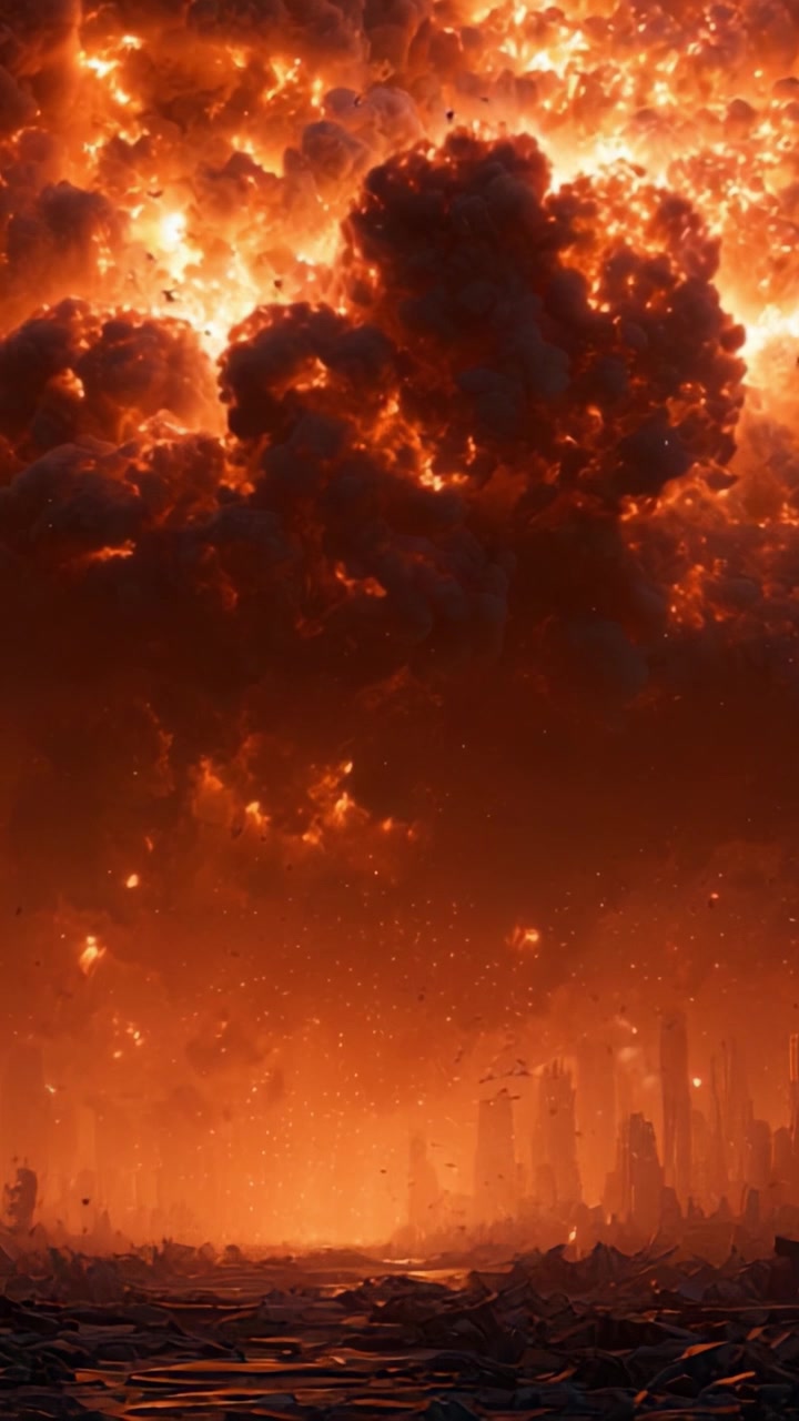 Katastrophales Flammenmeer: Eine dystopische Landschaft, dominiert von massiven Explosionen und feurigen Wolken inmitten einer verkohlten städtischen Umgebung, die Zerstörung und Chaos widerspiegelt