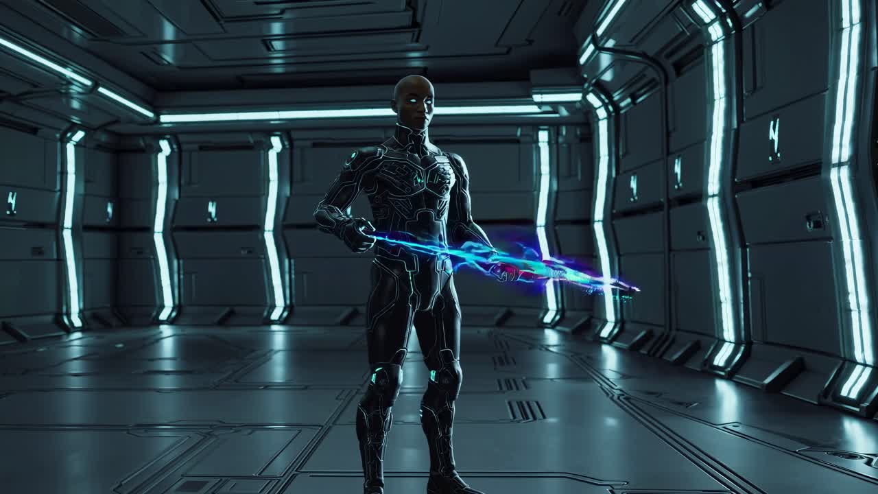 Cybernetic warrior in futuristic spaceship interior