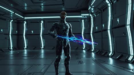 cybernetic warrior in futuristic spaceship interior