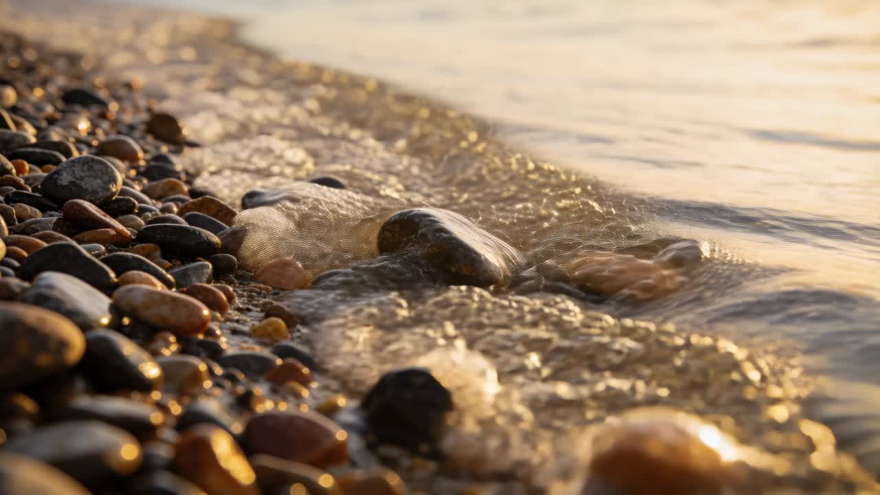 Onde in arrivo che si infrangono attorno a una pietra scura su una spiaggia di ciottoli, rendendo i ciottoli lucidi per riferimento di design.