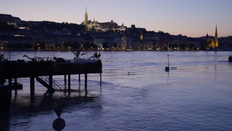 Buda side view with the flooded danube river during sunset. Budapest 2024