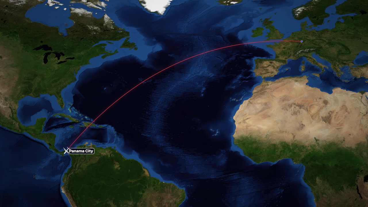 Airplane icon travels along red line from Frankfurt to Panama City on world map