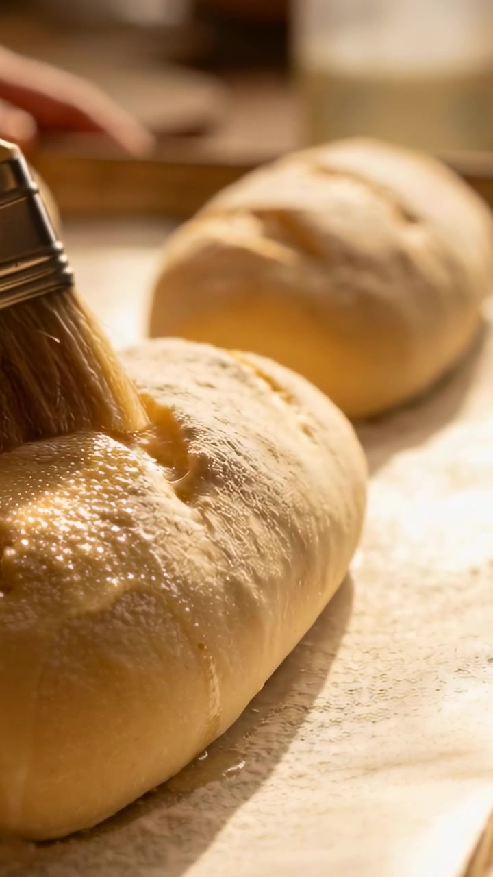 Vertical video: Dipping brush, baker brushing risen loaf in kitchen, spreading glaze before baking