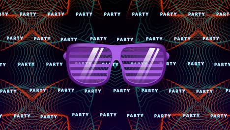 animation of purple party sunglasses over party neon text in repetition over pattern