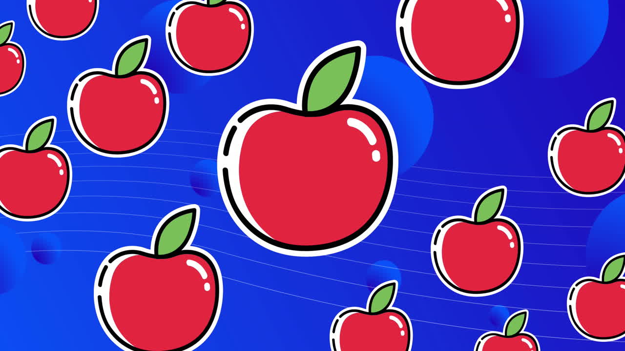 파란색 배경의 모양 위에 반복되는 빨간 사과 애니메이션
