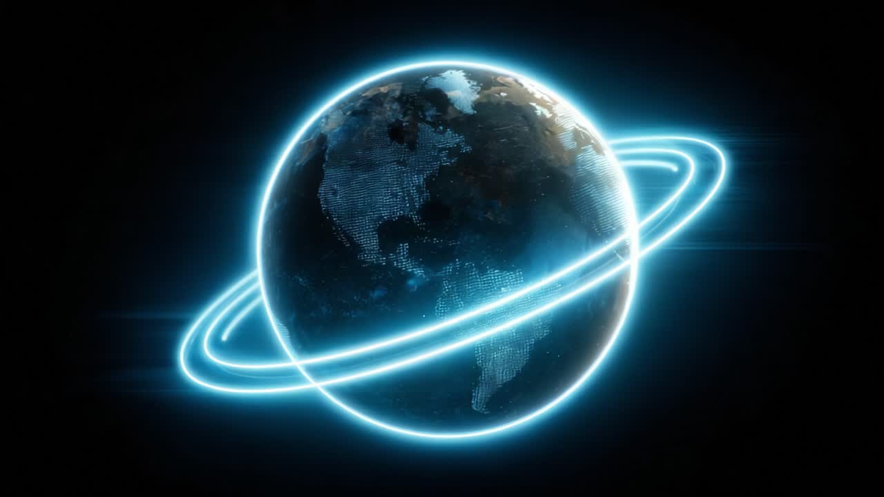 Digital Earth rotating with continents visible as glowing light particles and futuristic blue neon rings orbiting the planet, symbolizing global communication, connection, technology, and network