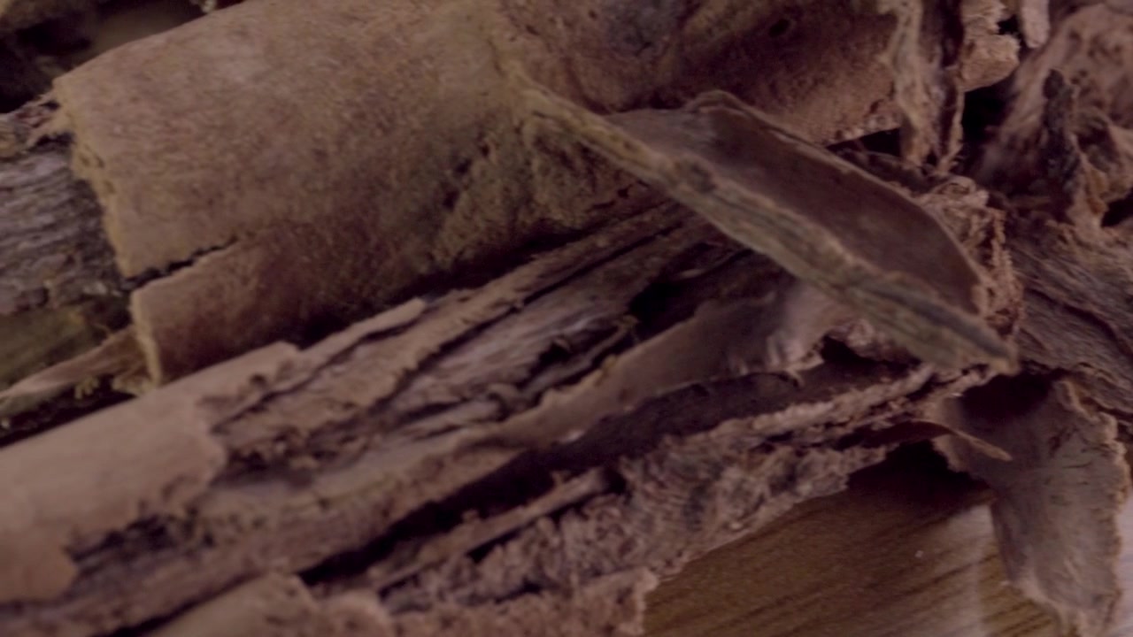 Macro close-up van gedroogde boomschors rustend op een houten oppervlak. Ruwe vezelige textuur, gelaagd hout en natuurlijke bruintinten vullen het beeld tot in detail