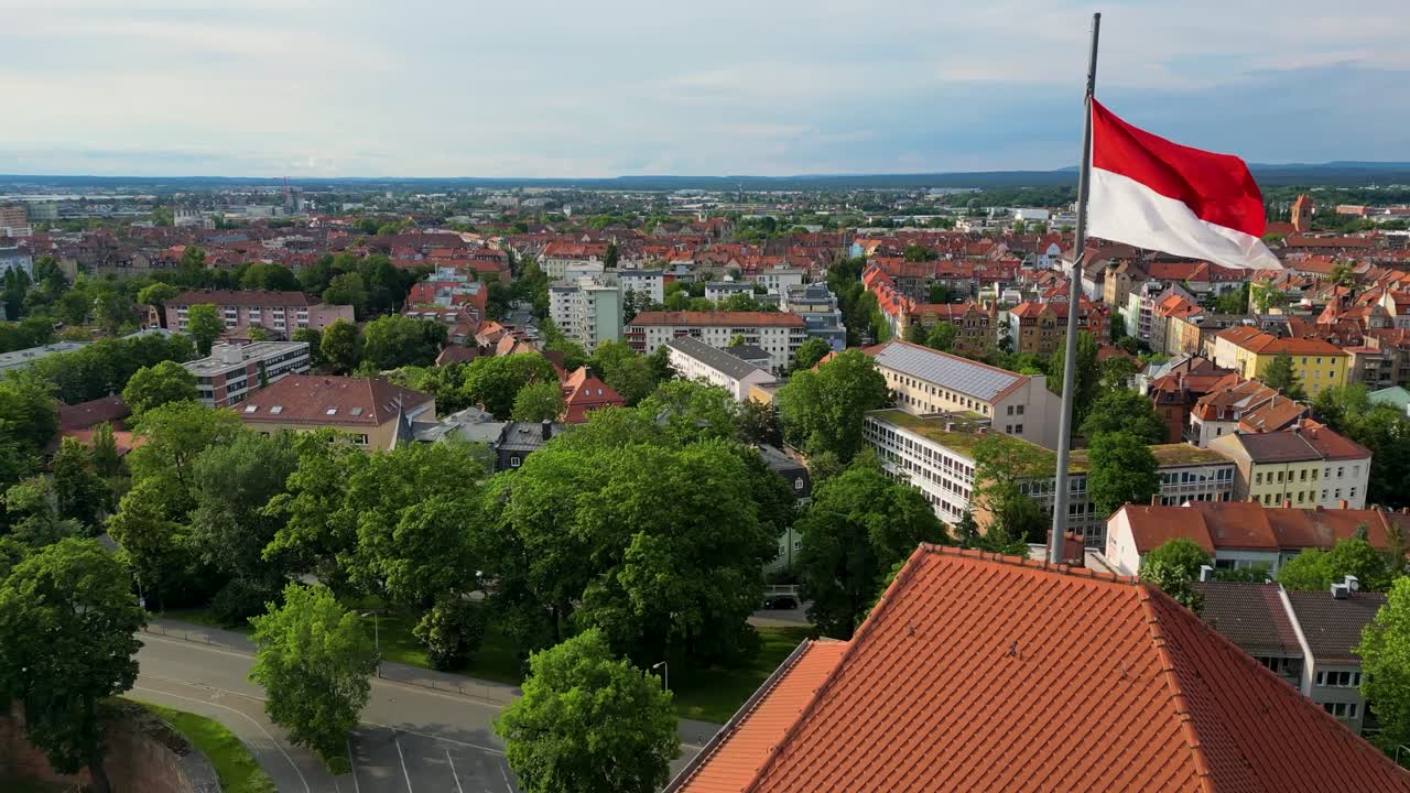 4K Aerial Drone Video of the Fünfeckturm Five-cornered tower on the Imperial Castle in Downtown Nurnberg, Germany