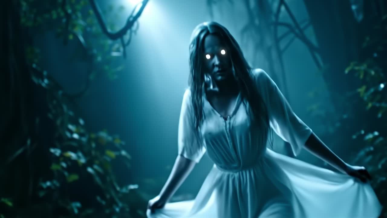 una mujer con un vestido blanco de pie en el bosque por la noche