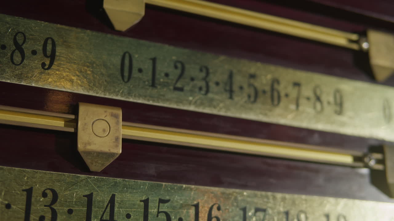Old scoreboard with a score in billiards. Playing american russian billiard game. High quality 4k footage