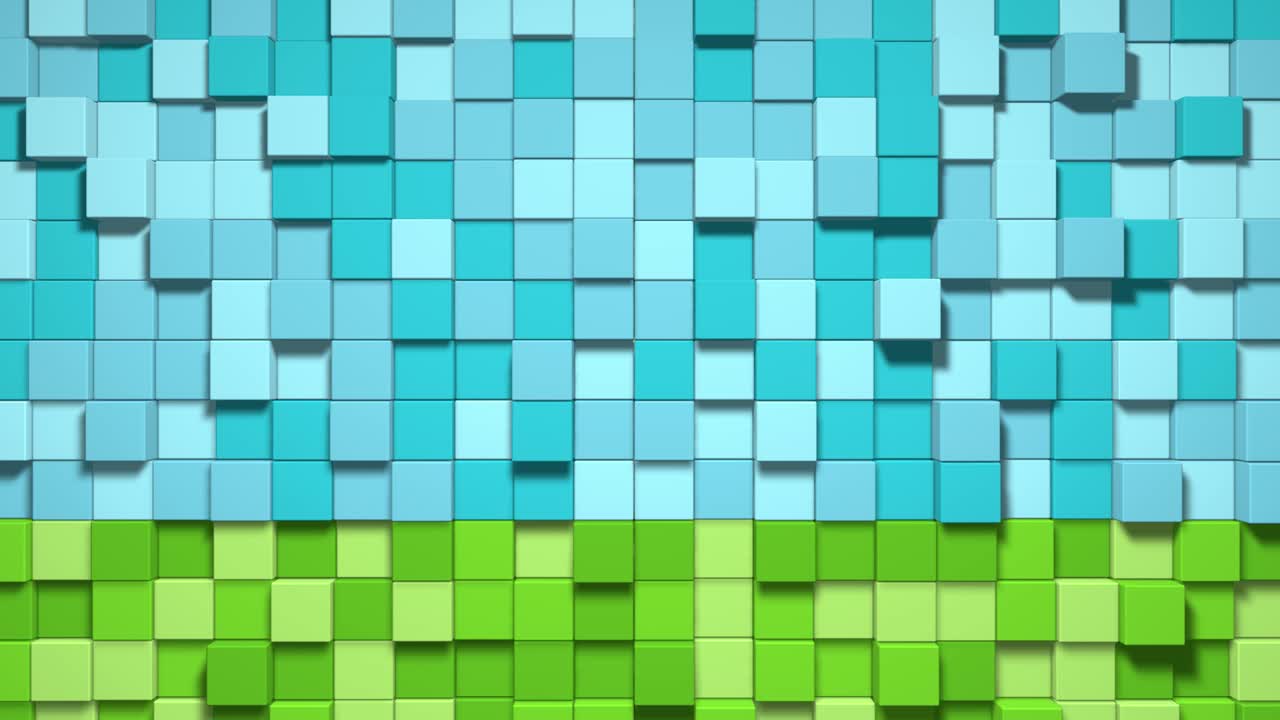 비디오 게임 기하학 모자이크 파동 패턴: 녹색 잔디 블록, 파란 하늘을 사용하여 언덕 풍경 건설, 픽셀 배경, minecraft 스타일, 4k의 3d 애니메이션 루프