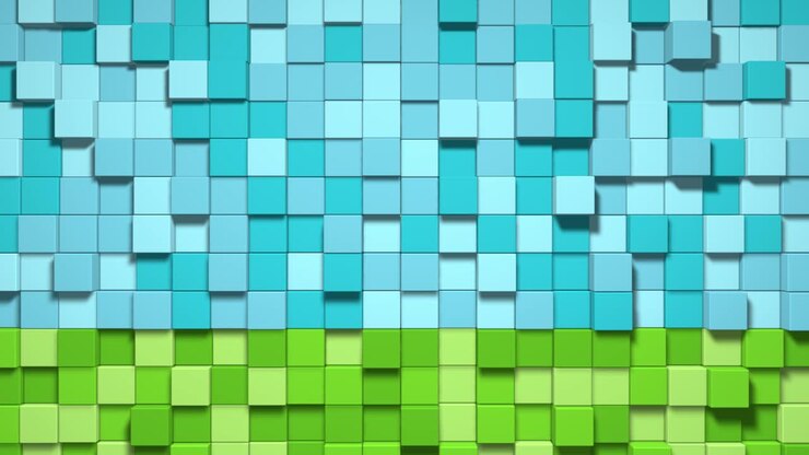 Video game geometric mosaic waves pattern. Construction of hills landscape using green grass blocks, blue sky. Pixel background. Minecraft style. 3d animation loop of 4K
