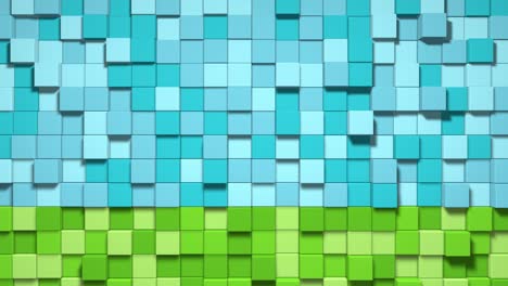 juego de video patrón de ondas de mosaico geométrico. construcción de paisajes de colinas utilizando bloques de hierba verde, cielo azul. fondo de píxeles. estilo minecraft. bucle de animación 3d de 4k
