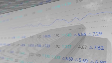 digital composition of stock market data processing against tall buildings in background