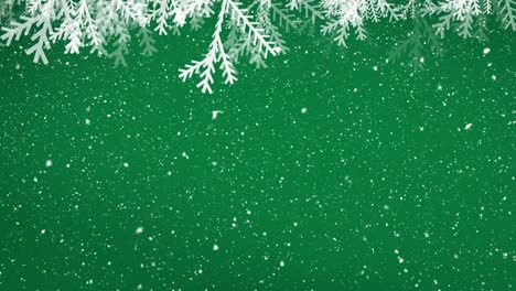 Animation-of-snow-falling-over-christmas-decorations-on-green-background