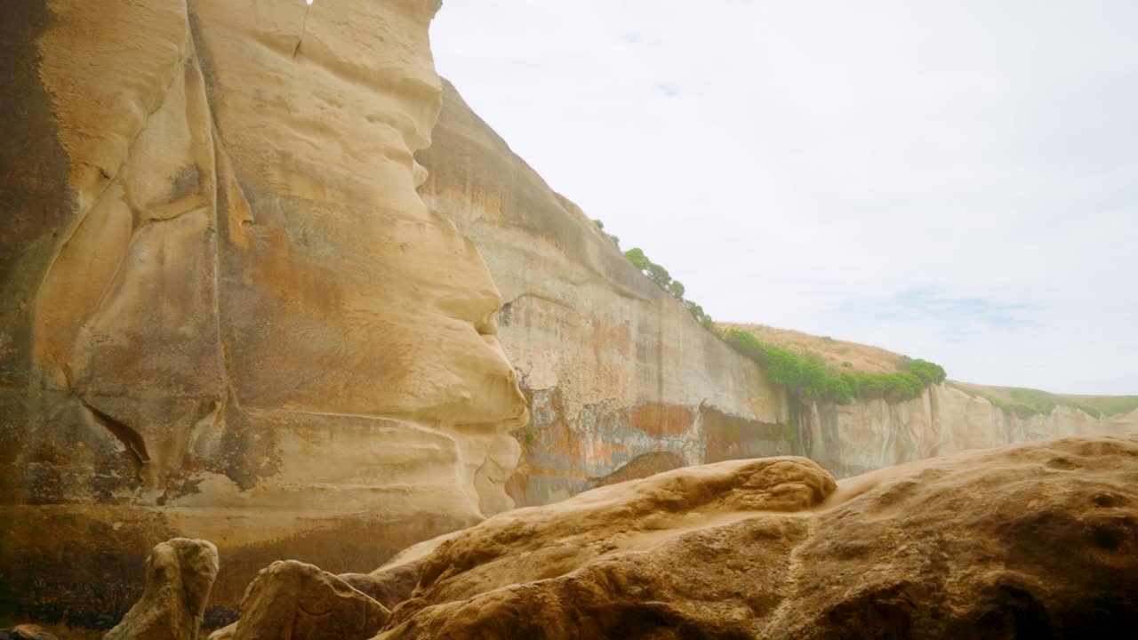 inclinando hacia arriba la toma de mano de la pared de un acantilado junto a la costa en nueva zelanda