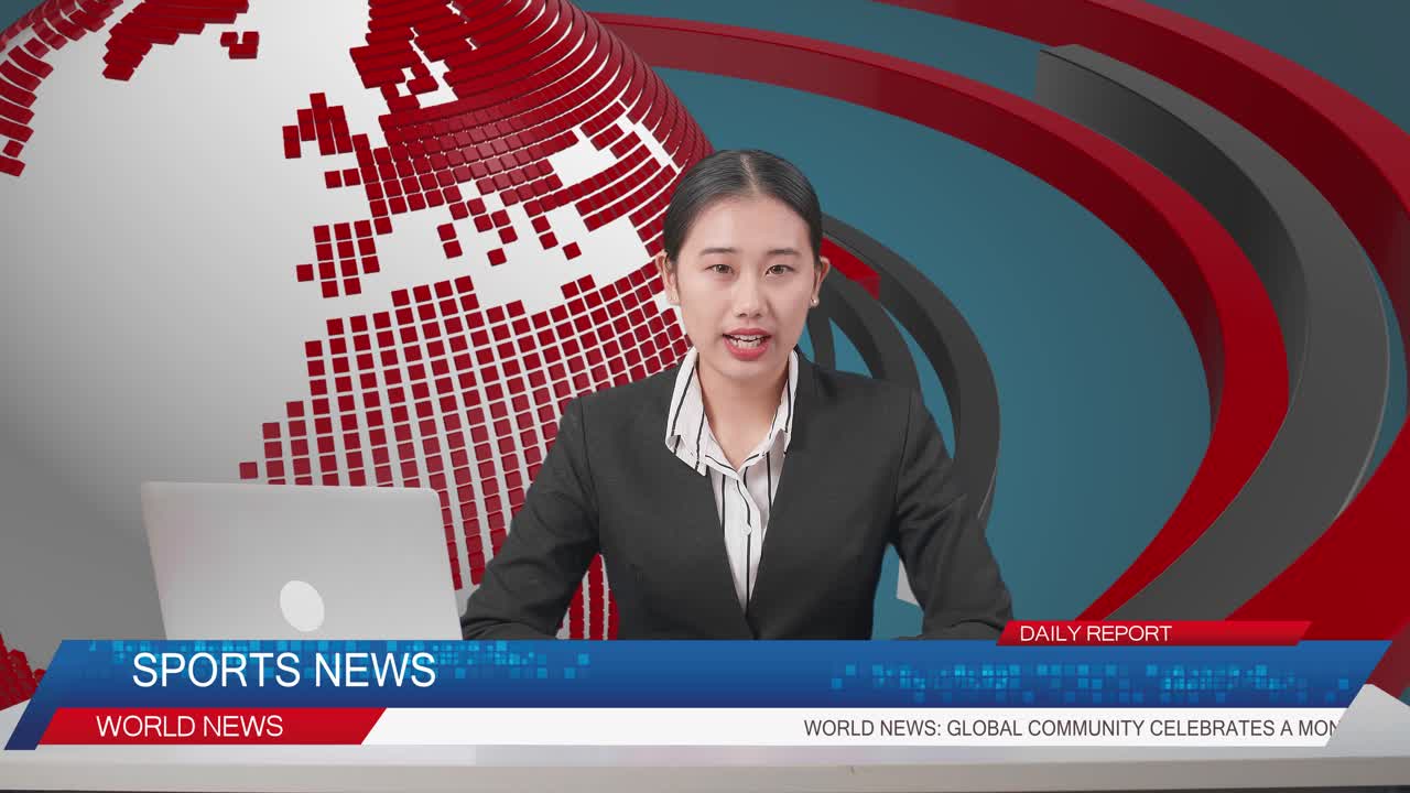 Live News Studio With Asian Professional Female Anchor And Her Computer Reporting On The Events Of The Day