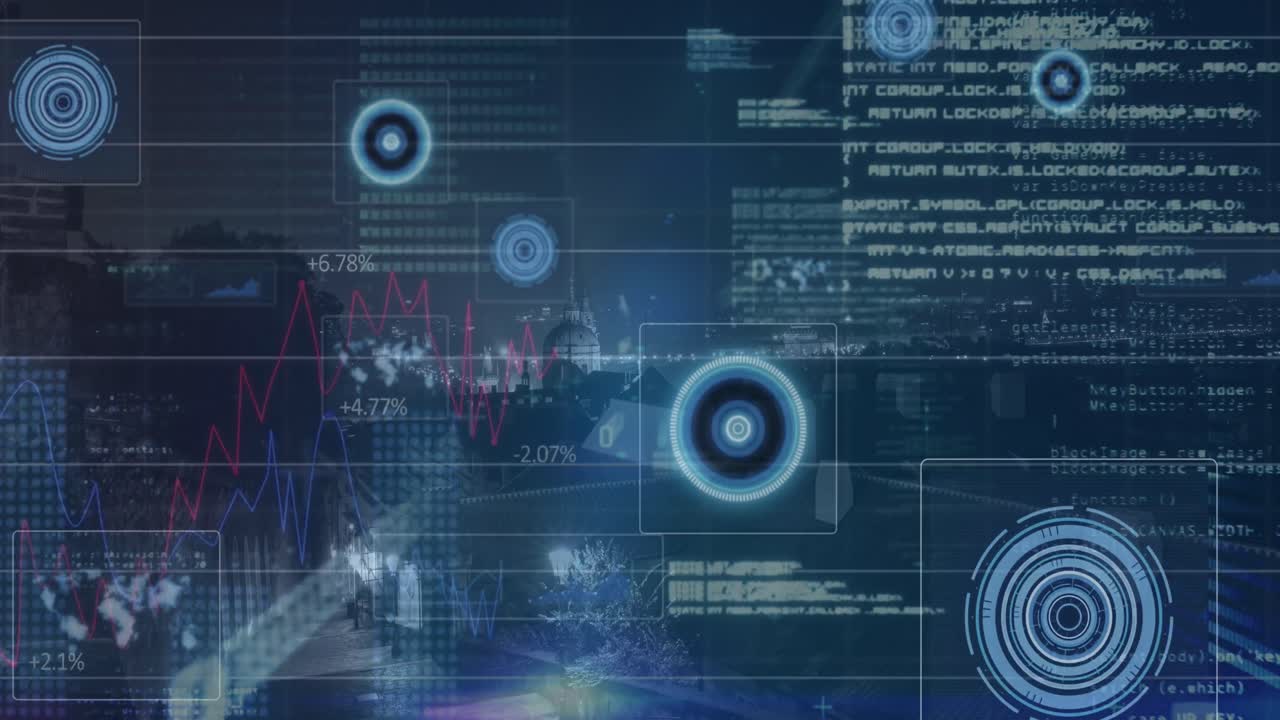 Round scanners and data processing against view of cityscape at night