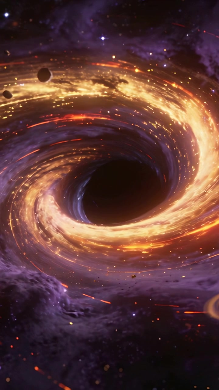 Vertical video: Swirling accretion disk pulling incoming dust and orbs toward central void in space