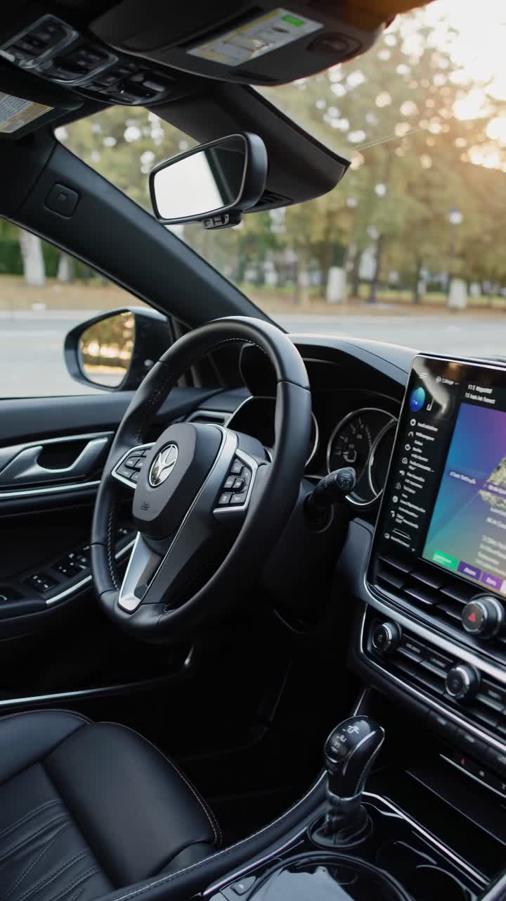 Interior of a modern car from a driver's perspective, showcasing a sleek dashboard and infotainment