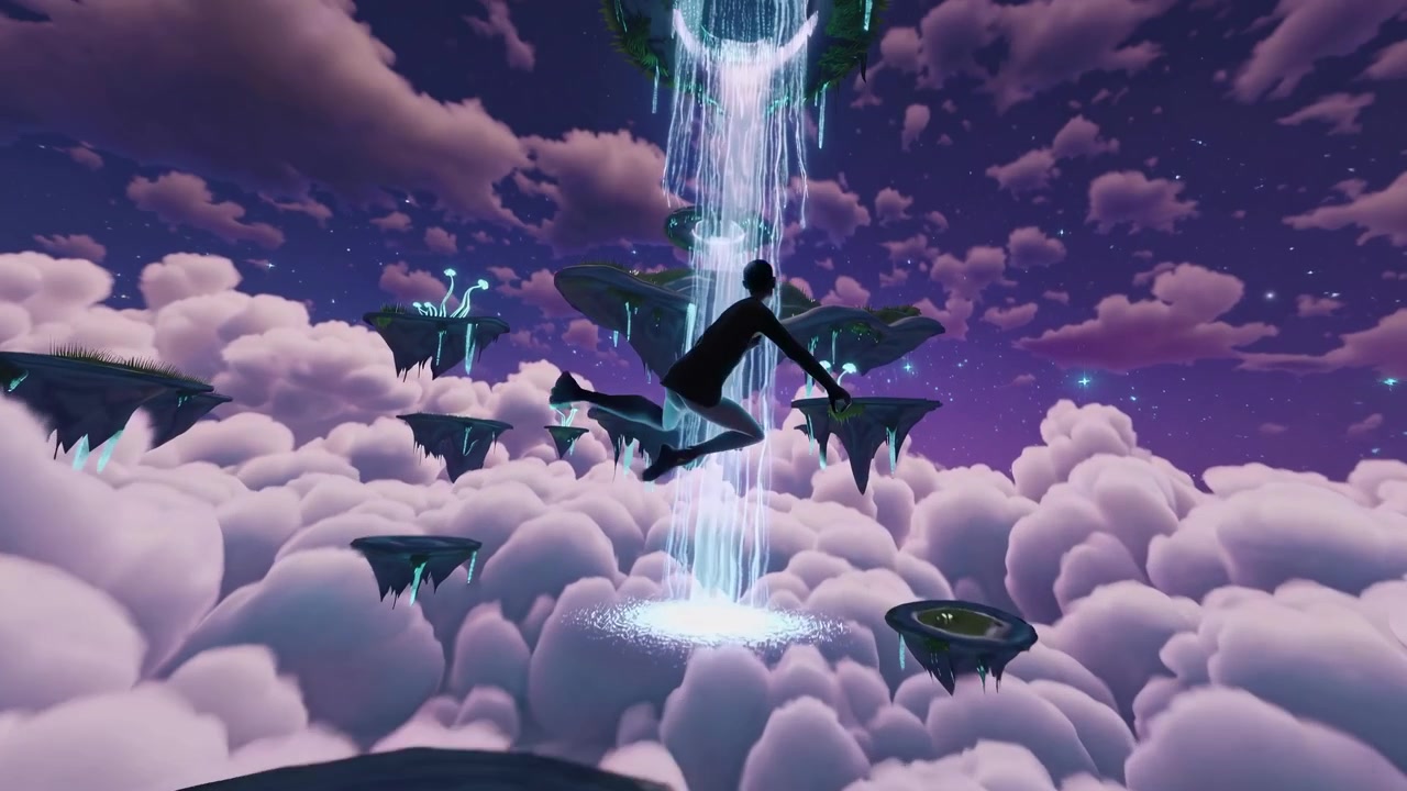 Person Running Across Floating Islands in a Dreamy Fantasy World