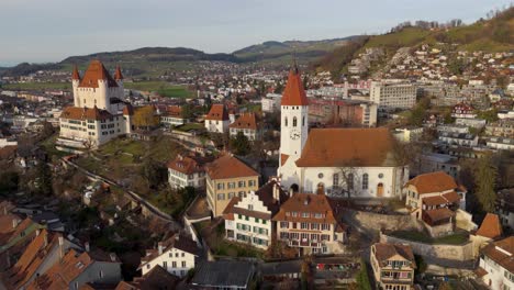 church and thun castle in medieval historic town center, switzerland