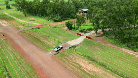 Aerial-drone-of-Automobile-Car-Driving-Into-House-Driveway-off-Dirt-Road-Between-Towering-Trees-on-Rural-Estate-Property