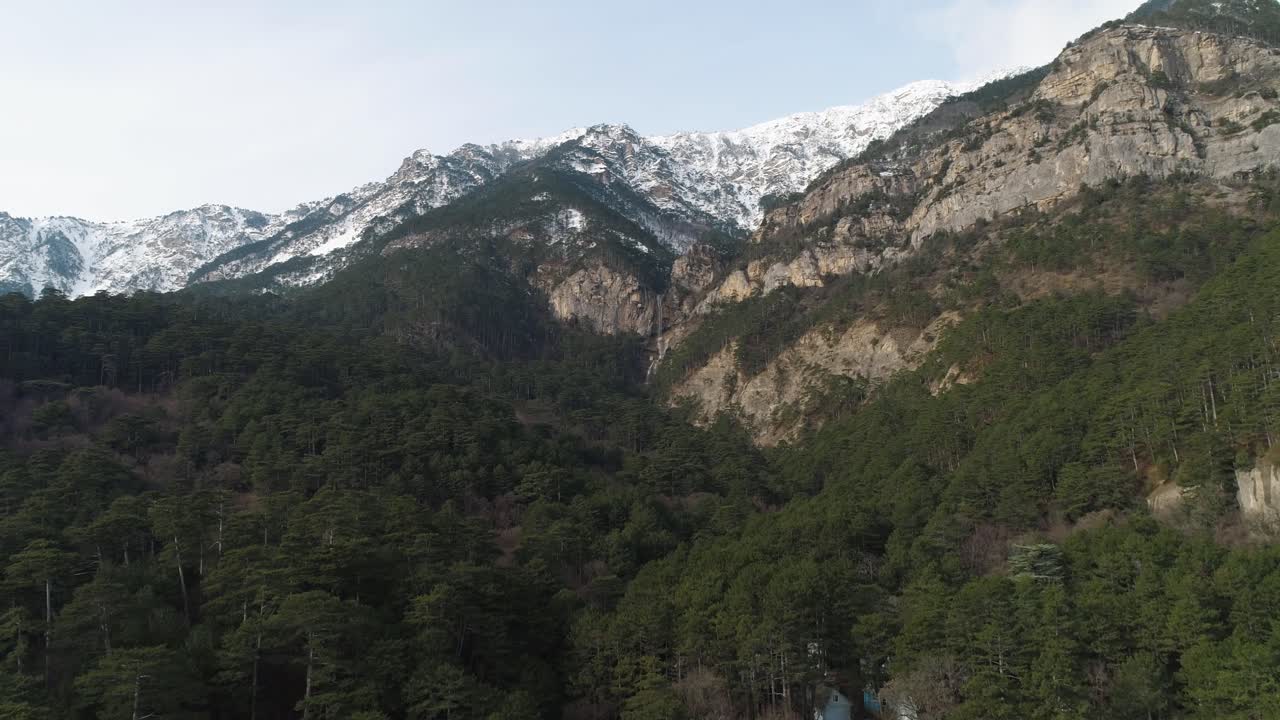 valle de montaña nevado con bosque de pinos