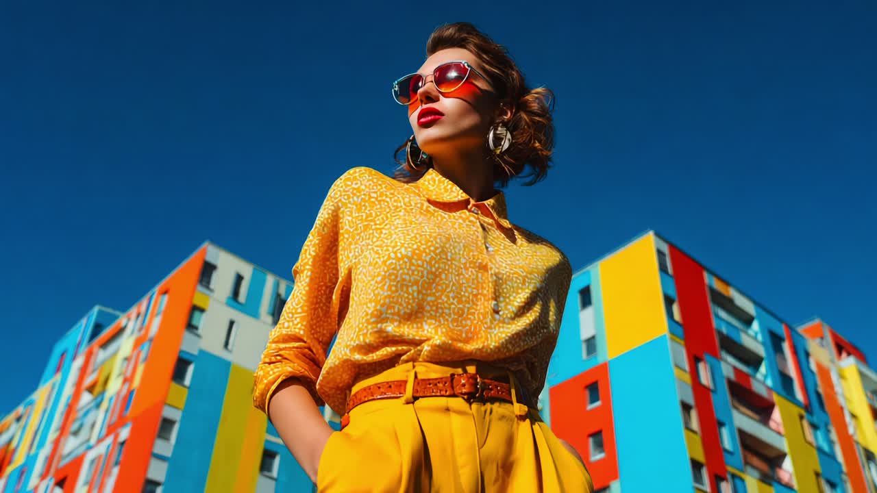 A Fashionable Vision: A Model in Stunning Yellow Attire and Bold Accessories Stands Against a Vibrant Urban Backdrop, Showcasing a Harmonious Blend of Colors and Style in a Bright Outdoor Setting