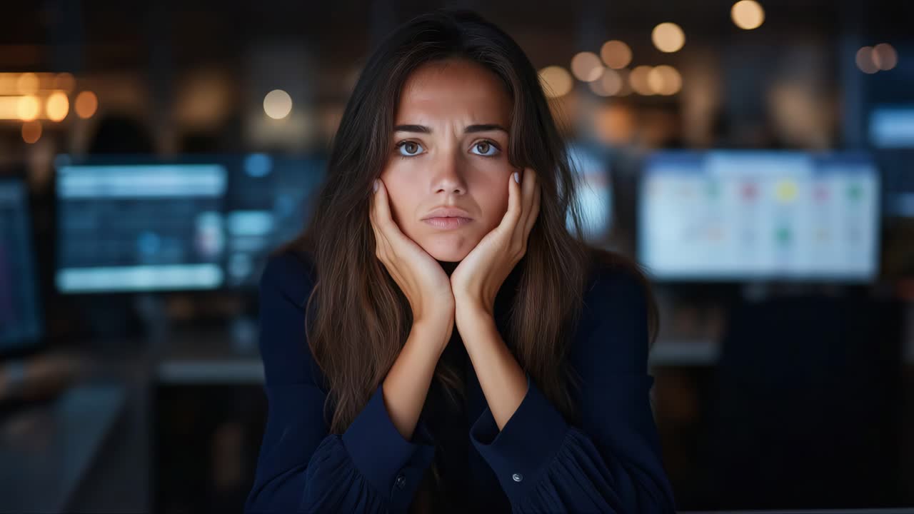 Woman looking pensive in dimly lit office