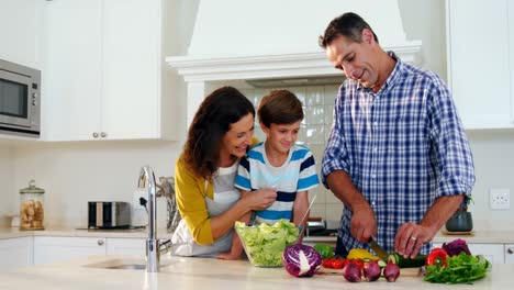 Padre-Cortando-Verduras-Mientras-Madre-E-Hijo-Miran-En-La-Cocina