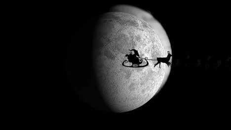 Animation-of-santa-claus-in-sleigh-with-reindeer-passing-over-moon-and-stars