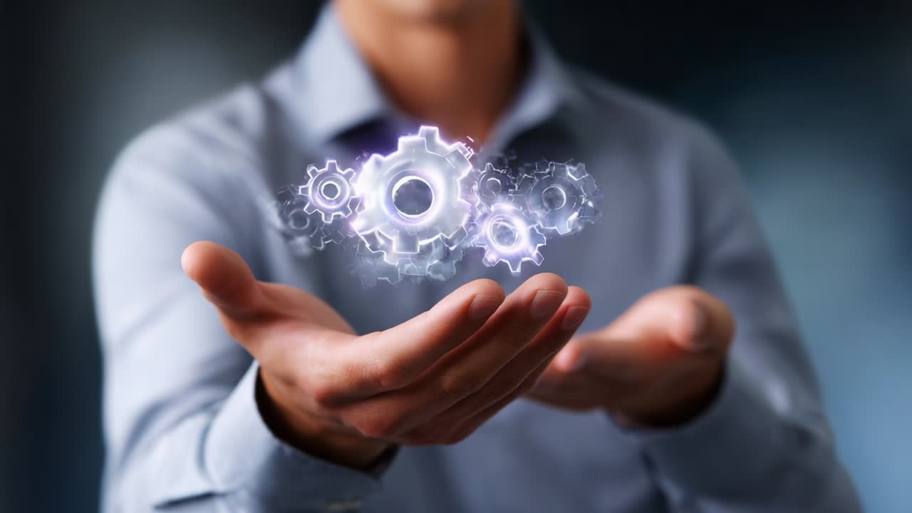 A person holds an ethereal projection of glowing gears and cogs in their hands, symbolizing innovation, technology, and the concept of engineering as visualized through digital effects and creative imagery