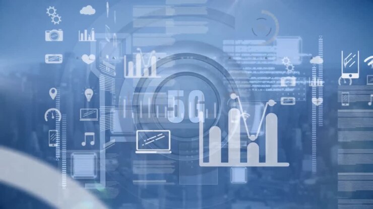 Animation of media icons and data processing over 5g text and cityscape
