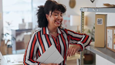 Designer-woman,-boxes-and-tablet-with-smile