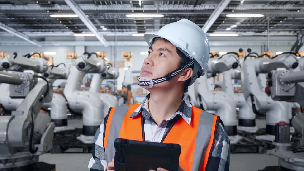 공장에서 로 팔을 검토하는 엔지니어