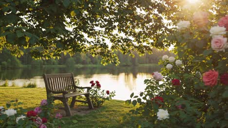 Serene lakeside scene with a bench framed by blooming roses, captured at eye level