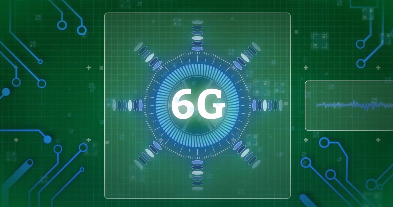 Digital animation of 6g text against microprocessor connections on black background