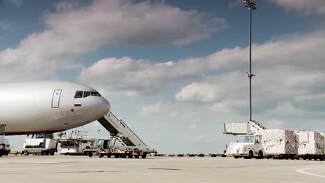 daylight airport scene - airplane stands still and crew transports cargo