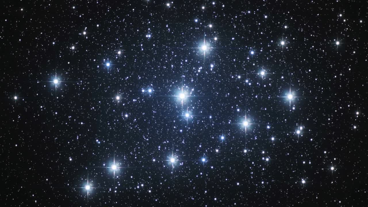 Un telescopio inizia a tracciare un ammasso attraverso il cielo scuro, catturando stelle bluastre con punte, notando la deriva.
