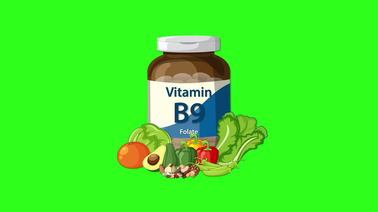 Vitamin B9 supplement bottle surrounded by vegetables, animated on bright green background, smooth transitions
