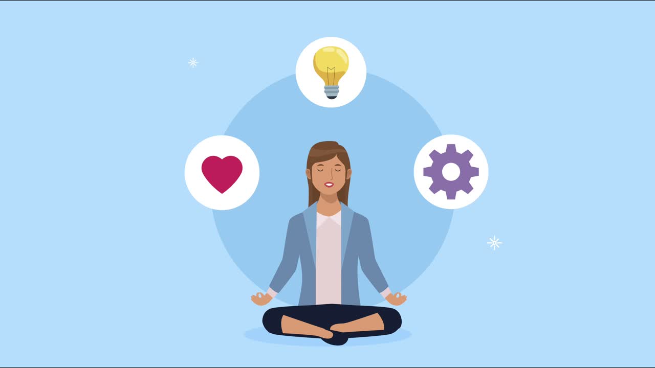 mental health animation with woman in lotus position and icons