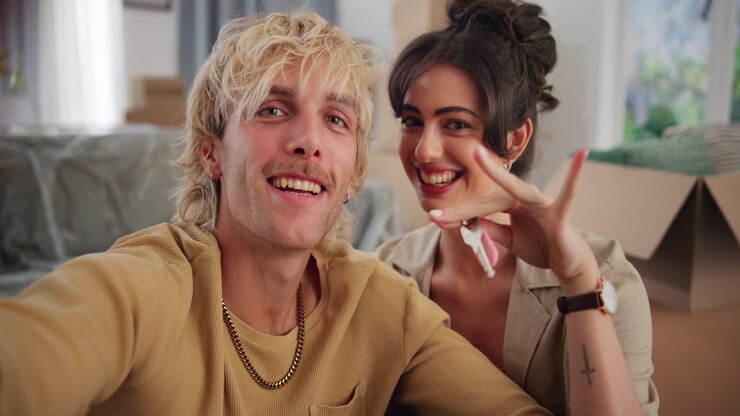 Happy Young Couple Celebrating Moving into New Home with Keys