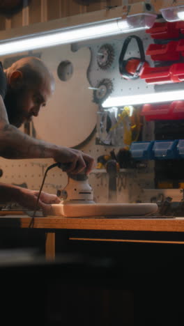 craftsman working on wood instruments in a workshop