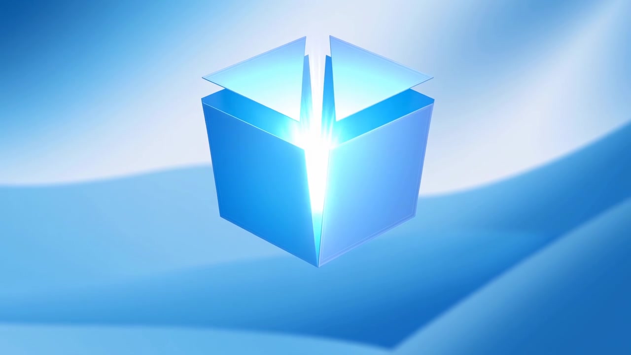 Glowing Blue Cube Opening With Radiant Burst, Geometric Box Unfolds Releasing Intense Light, Product Reveal