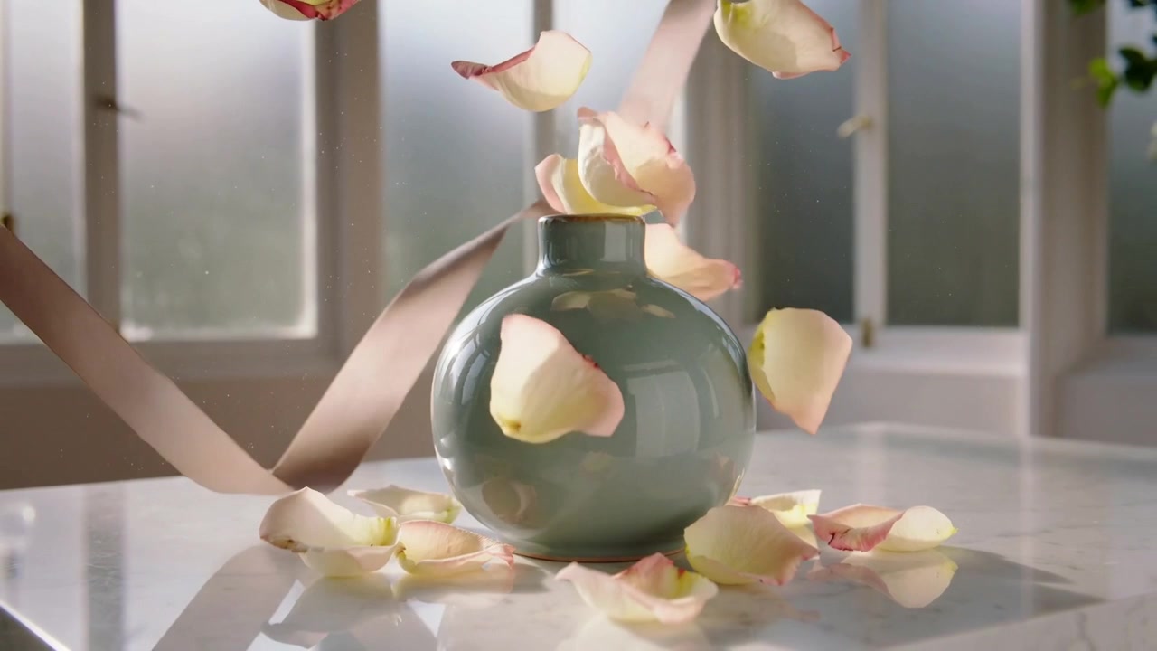 Petali rosa in discesa che colpiscono un vaso verde rotondo su un piano d'appoggio lucido, con un nastro che si avvolge a formare un anello