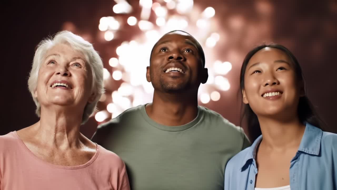 Family Celebration as They Watch Colorful Fireworks in the Night Sky During a Summer Event