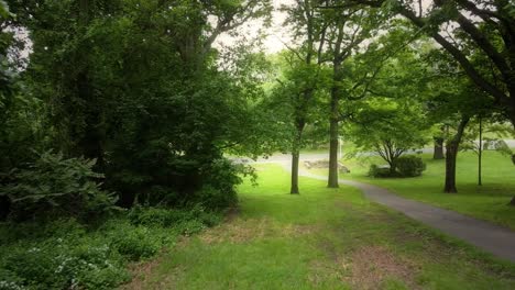 slow, low aerial through a philadelphia park in the spring on an overcast morning