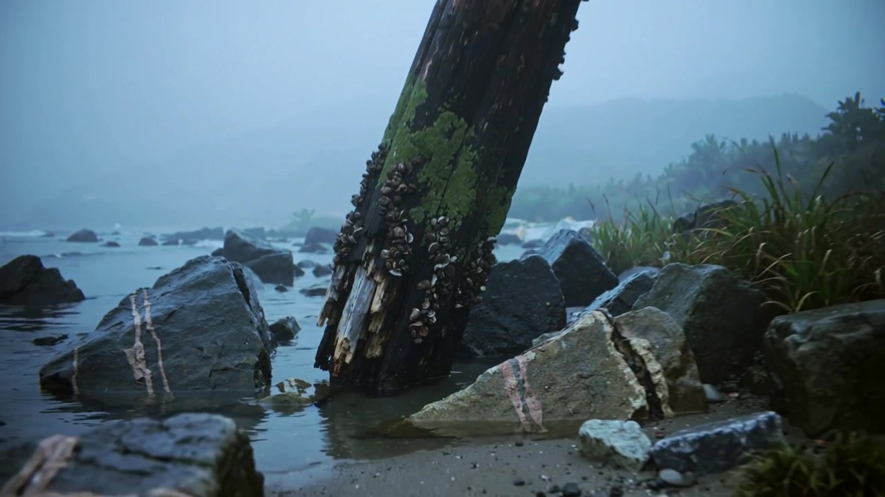 Pulling back camera revealing leaning worn piling at misty rocky shore, showing tide pools