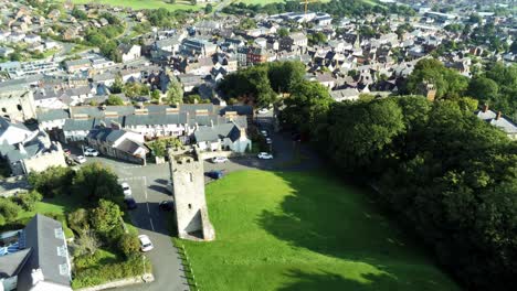 st hilarys tower denbighshire residential welsh historic village north wales aerial descending view